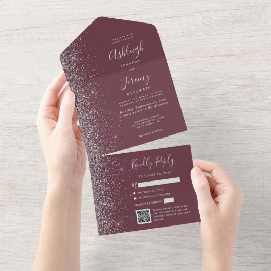Invitation Tout En Un Burgundy Silver Glitter QR Code Wedding (Déchirure)