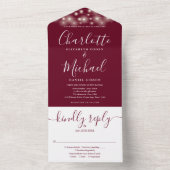 Invitation Tout En Un Burgundy String Lights Élégant Mariage de script (À l'intérieur)