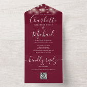 Invitation Tout En Un Burgundy String Lights QR Code Monogram Mariage (À l'intérieur)