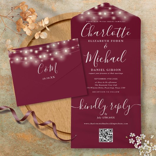 Invitation Tout En Un Burgundy String Lights QR Code Monogram Mariage