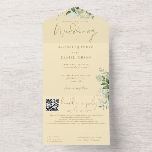 Invitation Tout En Un Buttercup Jaune verdure Monogramme QR Code Mariage (À l'intérieur)