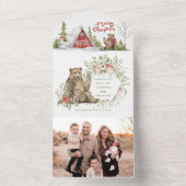 Invitation Tout En Un Cabine rouge dans les bois avec ours | Photo Noël (À l'intérieur)