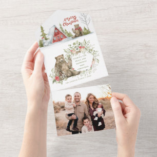 Invitation Tout En Un Cabine rouge dans les bois avec ours   Photo Noël
