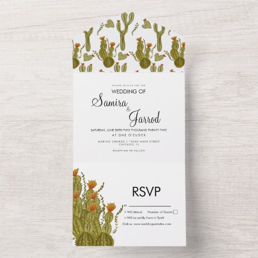 Invitation Tout En Un Cactus Coeurs Aquarelle main peint Mariage (À l'intérieur)