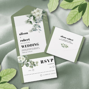 Invitation Tout En Un Cadre avec eucalyptus et fleurs blanches mariage