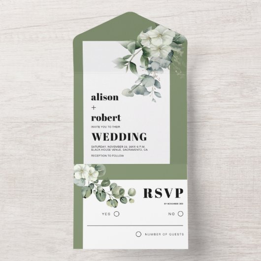 Invitation Tout En Un Cadre avec eucalyptus et fleurs blanches mariage (À l'intérieur)