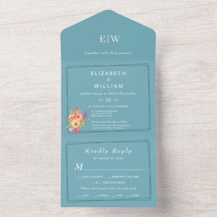 Invitation Tout En Un Cadre avec Rose, style Mariage sur bleu