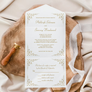 Invitation Tout En Un Cadre botanique vintage élégant à l'écriture dorée