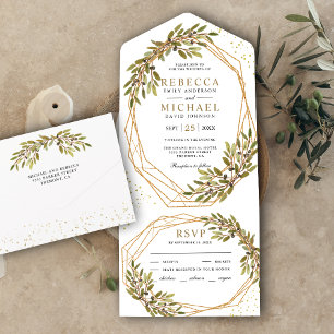 Invitation Tout En Un Cadre de mariage géométrique doré avec branche d'o
