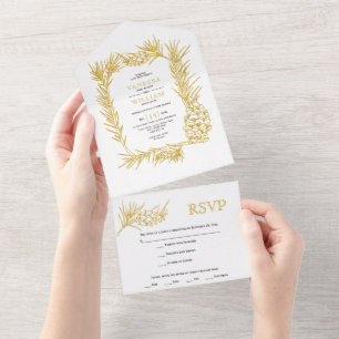 Invitation Tout En Un Cadre en pin doré avec cône hiver mariage de Noël