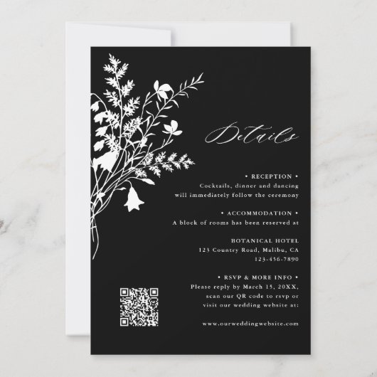 Invitation Tout en un cadre Fleur sauvage blanc Mariage noir (Dos)