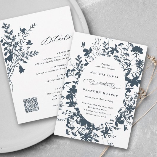 Invitation Tout en un cadre Fleur sauvage Marine et Mariage b