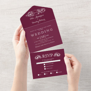 Invitation Tout En Un Cadre floral bordeaux vintage, initiales mariage