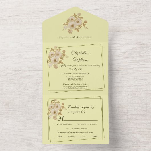 Invitation Tout En Un Cadre rose - Mariage jaune céleste (À l'intérieur)