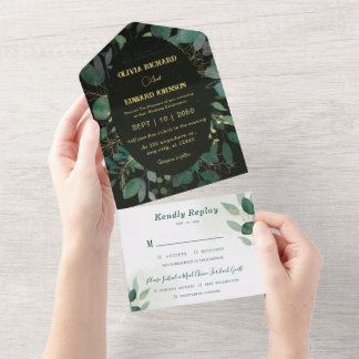 Invitation Tout En Un Cadre verdoyant avec or Rsvp et Mariage noir