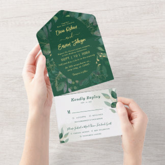 Invitation Tout En Un Cadre verdoyant avec or Rsvp et Mariage vert