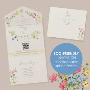 Invitation Tout En Un Calendrier des Fleurs Sauvages Mariage Aquarelle