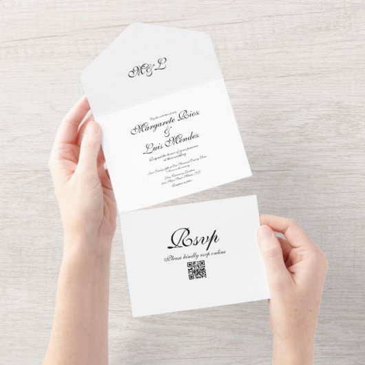 Invitation Tout En Un Caligraphie simple Noir Blanc Élégant Mariage (Déchirure)