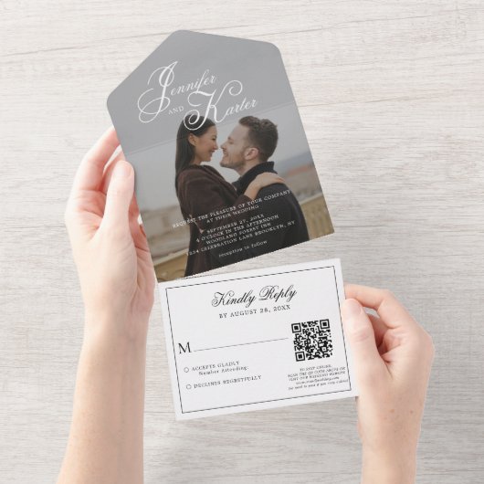 Invitation Tout En Un Calligraphie classique élégante QR Code Mariage ph (Déchirure)