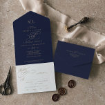 Invitation Tout En Un Calligraphie d'or romantique | Mariage de monogram<br><div class="desc">Ce romantique mariage de monogramme marine de calligraphie d'or tout en une invitation est parfait pour un simple mariage. Le design classique moderne comprend des tourbillons fantaisistes et des fleurs fantaisistes avec une magnifique typographie de feuille d'or en faux champagne. Écrivez vos adresses d'invités à l'arrière de l'invitation pliée, ou...</div>