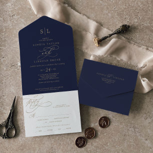 Invitation Tout En Un Calligraphie d'or romantique   Mariage de monogram