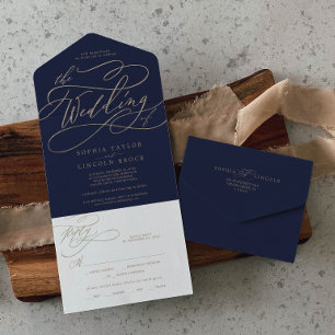 Invitation Tout En Un Calligraphie d'or romantique   Marine Le Mariage D