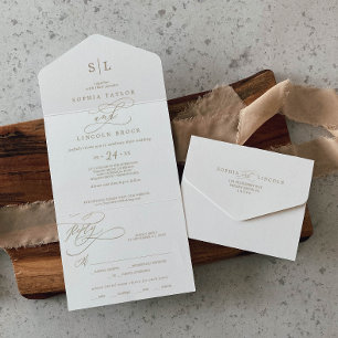 Invitation Tout En Un Calligraphie d'or romantique Monogramme Mariage