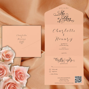 Invitation Tout En Un Calligraphie Élégante Code QR Mariage Rose Pêche