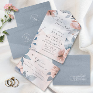 Invitation Tout En Un Calligraphie Floral Dusty Blue ID771