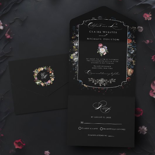 Invitation Tout En Un Calligraphie florale noire