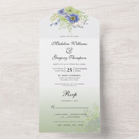 Invitation Tout En Un Calligraphie Florale Vert Sage Bleu Maussade (À l'intérieur)