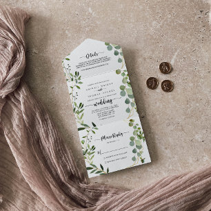 Invitation Tout En Un Calligraphie géométrique or Eucalyptus Mariage