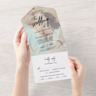 Invitation Tout En Un Calligraphie lunaire Faded Photo Le Mariage De