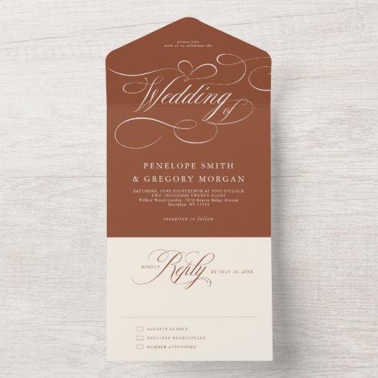 Invitation Tout En Un Calligraphie moderne Mariage en terre cuite intemp (À l'intérieur)