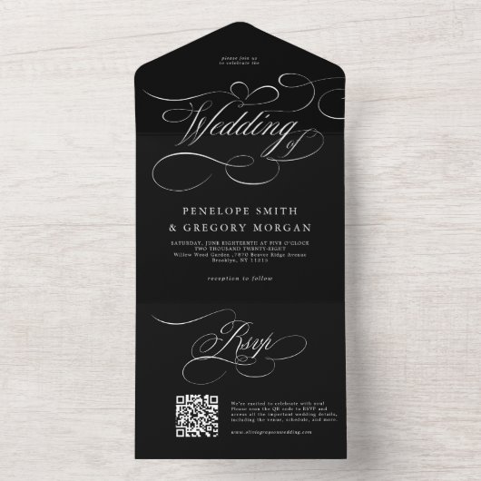 Invitation Tout En Un Calligraphie moderne mariage noir blanc intemporel (À l'intérieur)