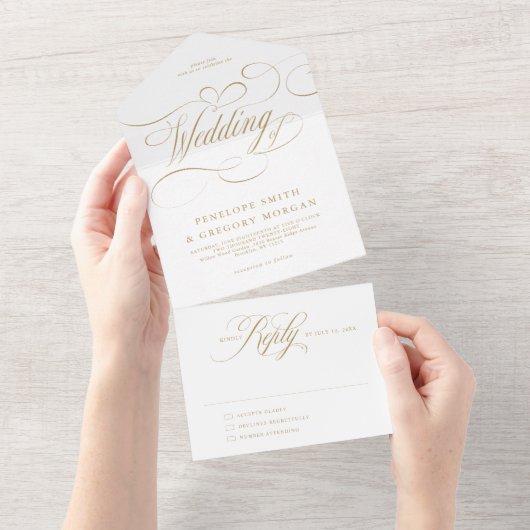 Invitation Tout En Un Calligraphie moderne or intemporel et mariage blan (Déchirure)