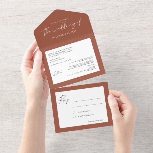 Invitation Tout En Un Calligraphie moderne Solid Mariage en terre cuite (Déchirure)