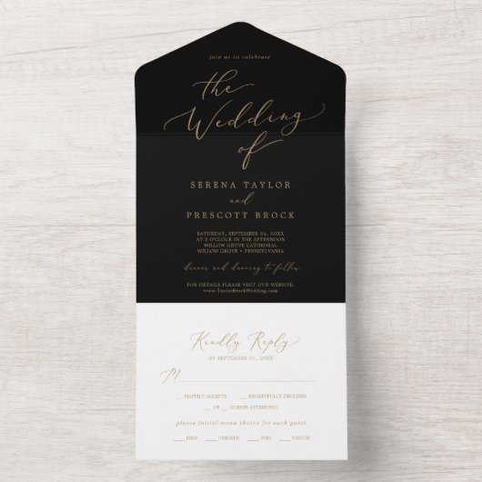 Invitation Tout En Un Calligraphie Or Délicate | Mariage noir (À l'intérieur)
