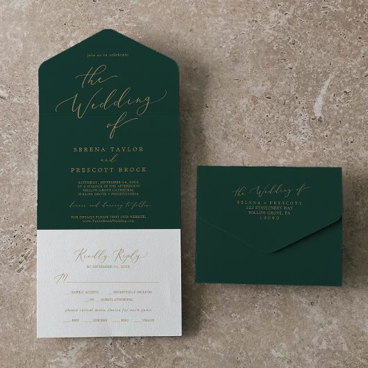 Invitation Tout En Un Calligraphie Or Délicate | Mariage vert