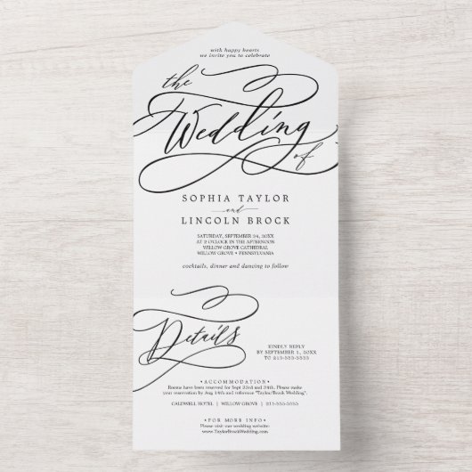 Invitation Tout En Un Calligraphie romantique Détails élégants Mariage R (À l'intérieur)