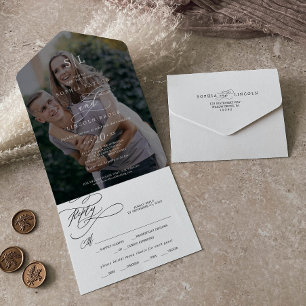 Invitation Tout En Un Calligraphie romantique Monogramme Dark Photo Mari