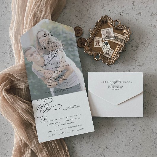 Invitation Tout En Un Calligraphie romantique Monogramme Mariage photo