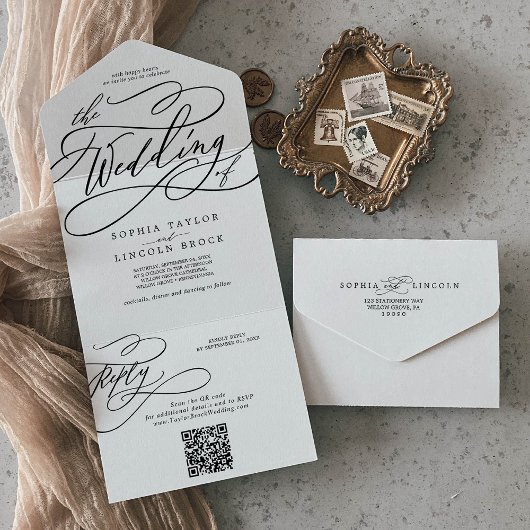Invitation Tout En Un Calligraphie romantique QR Code Le Mariage De