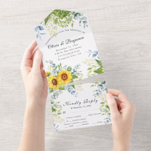 Invitation Tout En Un Calligraphie rustique Tournesol Vert Mariage RSVP