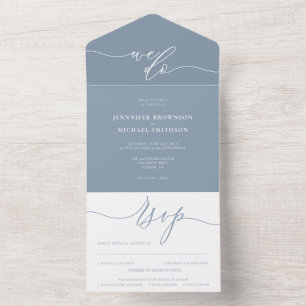Invitation Tout En Un Calligraphie Simple bleu poussiéreux Mariage