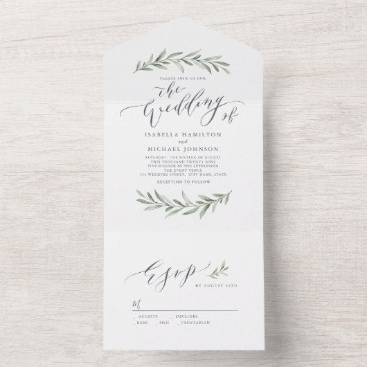 Invitation Tout En Un Calligraphie simple mariage de verdure rustique (À l'intérieur)