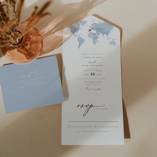 Invitation Tout En Un CARMEN Dusty Blue Map Voyage Destination Mariage