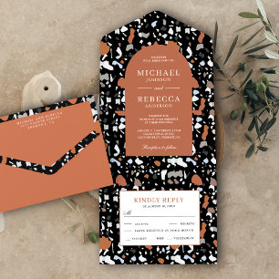 Invitation Tout En Un Carreau de terrazzo noir moderne Mariage terracott