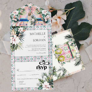 Invitation Tout En Un Carreaux floraux   Mariage tropical marocain