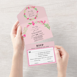 Invitation Tout En Un Carton de réponse chic floral rose clair pour mari